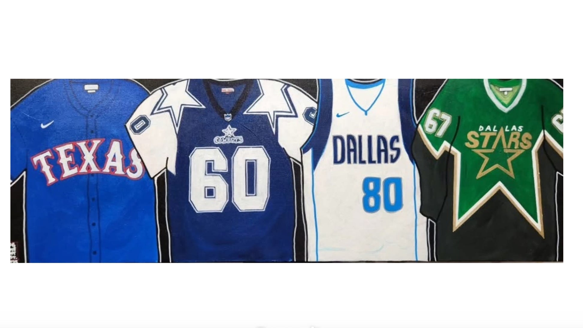 Four sports jerseys from Texas. Texas Rangers, Dallas Cowboys, Dallas Mavericks, and Dallas Stars displayed side by side.