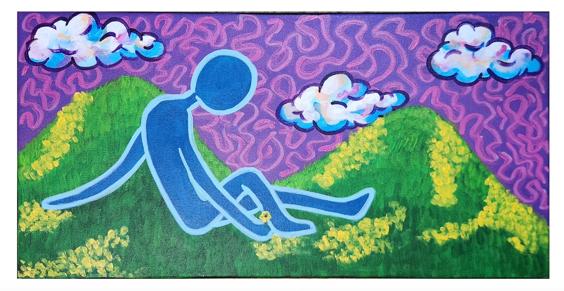 Colorful abstract painting with a blue figure, green landscape, and purple sky.